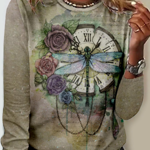 Women's Art Printing Casual Crew Neck Dragonfly Regular Fit Shirt, color:As Picture|size:3XL, Lilicloth.com