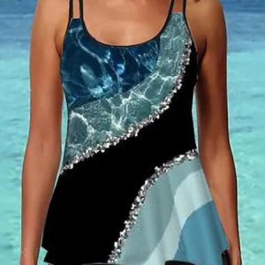 Casual Abstract Printing Scoop Neck Tankini, swimwear>>Tankinis, color:Green|size:S, JustFashionNow