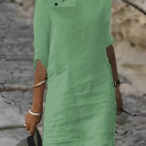 Regular Fit Casual Cotton And Linen Dress, Short, color:Green|size:XS, catalog Noracora shop