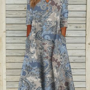 Paisley button up Boho midi Dress, Dresses, color:Blue|size:XXL, JustFashionNow