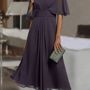 V Neck Loose Plain Casual Dress, Formal Dresses, color:Gray Purple|size:XXL, JustFashionNow