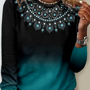 Women's Crew Neck Abstract Graphic Simple Regular Fit Shirt, color:Dark Green|size:3XL, Lilicloth.com