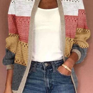 Loose Casual Color Block Cardigan, Cardigans, color:Pink|size:4X, JustFashionNow