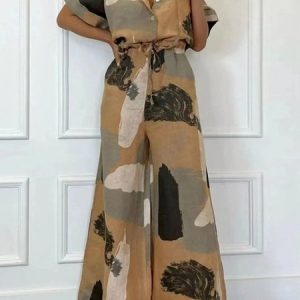 Women Geometric Half Sleeve Comfy Casual Top With Pants Two-Piece Set, Sets, color:Coffee|size:3XL, Noracora