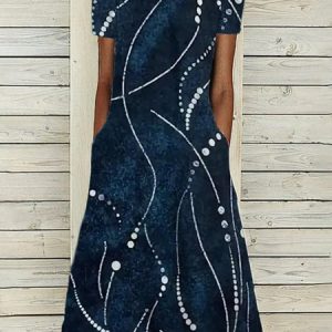 JFN Round Neck Pockets Geometric Vacation Casual Midi Dress, Dresses, color:Dark Blue|size:XXL, JustFashionNow