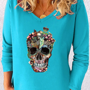 Casual Skull V Neck Long Sleeve T-shirt, T-shirts, color:Blue|size:5XL, Noracora