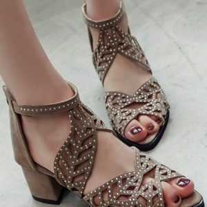 Ladies Elegant Wedding Shoes Cutout Open Toe Block Heel Sandals, Sandals, color:Apricot|size:US 9, JustFashionNow