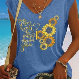 Womens Make You Heart The Prettiest Thing About You Flower Print Tank Top, color:Blue|size:3XL, Lilicloth.com