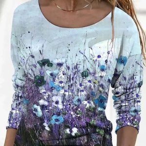 Casual Floral Crew Neck Long Sleeve T-shirt, T-shirts, color:Blue|size:5XL, Noracora