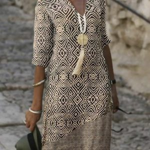 Tribal Geometric Printed Boho Loosen V Neck Short Sleeve Midi Woven Dress, Dresses, color:As Picture|size:XXL, JustFashionNow
