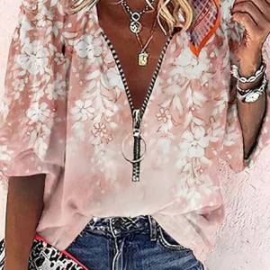 Floral Zipper V Neck Casual Blouse, Shirts & Blouses, color:Pink|size:XXL, JustFashionNow