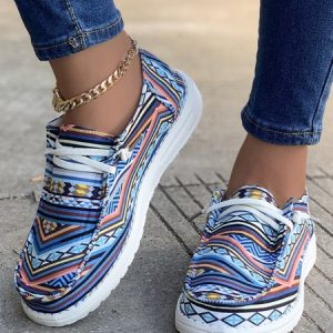 Colorful Ethnic Geometric Lace-up Canvas Flats, Flats, color:Blue|size:43, JustFashionNow