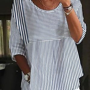 Casual Loose Striped Crew Neck Blouses, Shirts & Blouses, color:Blue|size:XXL, JustFashionNow