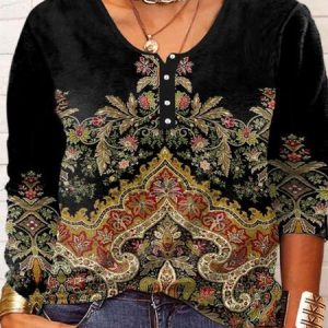 Plus Size Crew Neck Ethnic T-Shirt, T-Shirts, color:Black|size:4X, JustFashionNow
