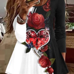 Heart/Cordate Casual Regular Fit Crew Neck Top, Shirts & Blouses, color:Black|size:XXL, JustFashionNow