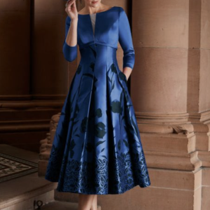 Elegant Floral Printed Three Quarter Midi Dress Wedding, Midi Dresses, color:Blue|size:XXL, Stylewe