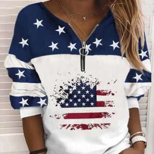 Casual Hippie Stars Zipper Flag Printed Round Neck Sweatshirt, Hoodies & Sweatshirts, color:Blue|size:XXL, Noracora