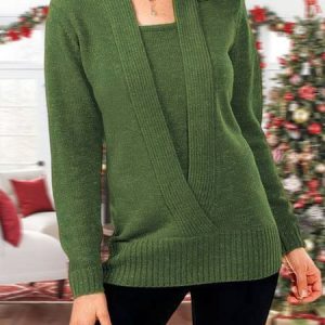 JFN V-neck Casual Warm 2-in-1 Tunic Sweater, Sweaters, color:Green|size:XXL, JustFashionNow
