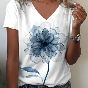 V neck Floral Casual Short Sleeve T-Shirt, T-shirts, color:White|size:3XL, Noracora