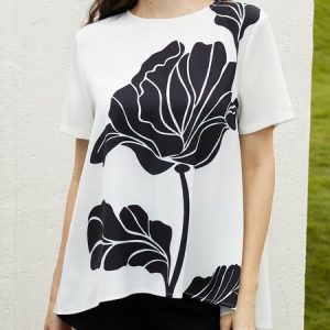 2023 Fashion week elegant Crew Neck Loose Floral Short Sleeve Shirt, Blouses and Shirts, color:Off White|size:XXL, Stylewe