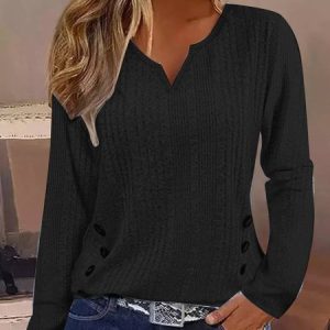 Casual Plain Notched Long Sleeve T-shirt, T-shirts, color:Black|size:XXL, Noracora