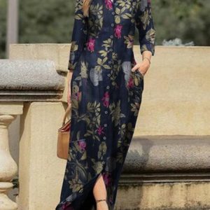 Casual Floral Button Long Dress Resort Boho Women's Clothing, Dresses, color:Deep Blue|size:3XL, JustFashionNow
