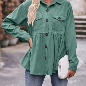Shirt Collar Long Sleeve Plain Regular Loose Shirt Jacket For Women, Jackets, color:Green|size:XXL, Noracora