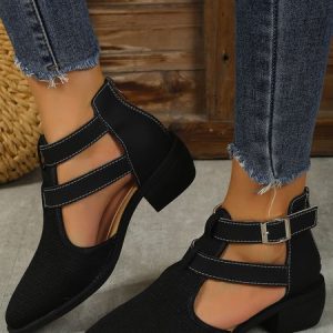 Casual Breathable Block Heel Hollow Ankle Boots with Zipper, Boots, color:Black|size:42, JustFashionNow