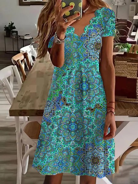 Women's A Line Dress Midi Dress Blue Half Sleeve paisley Print Spring Summer V Neck Casual Modern, Dresses, color:Green|size:XXL, JustFashionNow