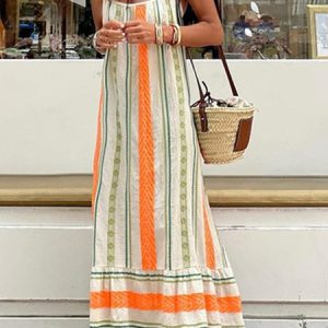 Crew Neck Boho Striped Dress, Maxi, color:White|size:XXL, Noracora