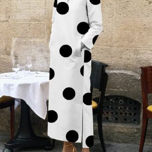 Stand Collar Polka Dots Urban Regular Fit Dress, Maxi Dresses, color:White|size:XXL, Stylewe