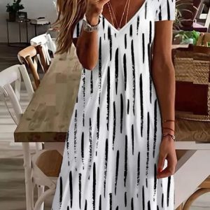 JFN V Neck Striped Casual Midi Dress, Dresses, color:Black-white|size:XXL, JustFashionNow