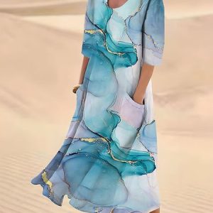 Casual Gradient Pattern Crew Neck Loose Dress, Dresses, color:Blue|size:XXL, JustFashionNow