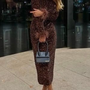 Elegant Tight Crew Neck Plain Midi Dress With No Belt, Midi Dresses, color:Coffee|size:XXL, Stylewe