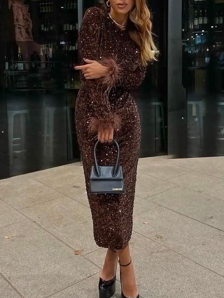 Elegant Tight Crew Neck Plain Midi Dress With No Belt, Midi Dresses, color:Coffee|size:XXL, Stylewe