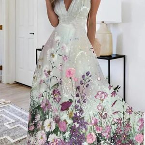 Casual Floral Regular Fit V Neck Dress, Maxi, color:Purple|size:3XL, Noracora