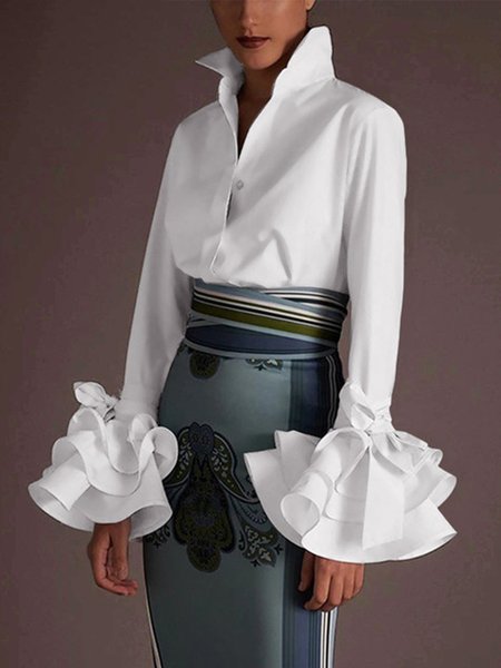 Long sleeve Elegant Regular Fit Shirt Collar White Blouse, Blouses and Shirts, color:White|size:XS, Stylewe