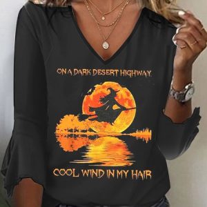 Halloween V Neck Casual Knitted Loose T-Shirt, T-Shirts, color:Black|size:XXL, JustFashionNow