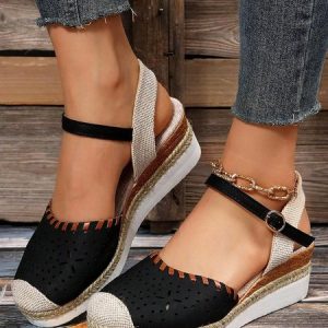 Color Block Hollow Out Espadrille Ankle Strap Wedge Shoes, Flats, color:Black|size:42, JustFashionNow