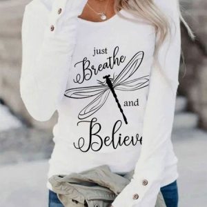 Fit Casual Dragonfly Crew Neck Buttoned T-Shirt, T-Shirts, color:White|size:XXL, JustFashionNow