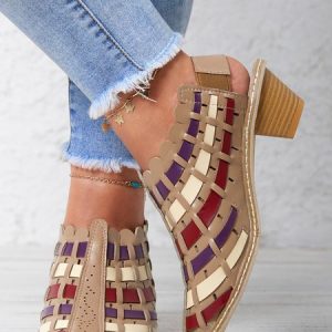 Vintage Weave Inlay Block Heels, Pumps, color:Apricot|size:43, Noracora