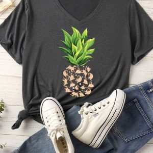 Women's Tropical Pineapple Pug Dog Matching V Neck T-Shirt, color:Gray|size:XXL, Lilicloth.com
