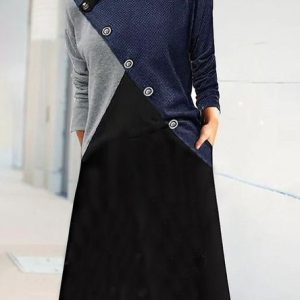 Buttoned Color Block Loose Stand Collar Dress, Midi Dresses, Roselinlin - Online Catalog