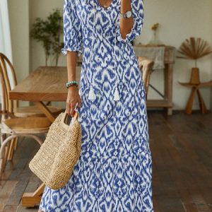 Floral Summer Casual V neck Daily Loose Long H-Line Dress for Women, Maxi, color:Blue|size:XS, catalog Noracora shop