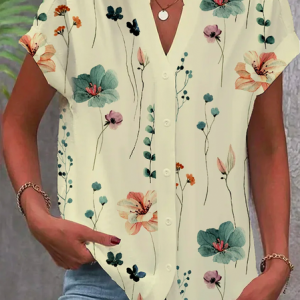 Plus size Floral Casual Notched Blouse, TOPS, color:Beige|size:4X, Noracora