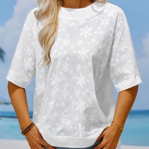 Lace Casual Loose Comfort Top, Shirts & Blouses, color:Blue|size:XXL, JustFashionNow