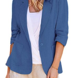 Lapel Collar Long Sleeve Plain Regular Loose Blazer For Women, Blazers, color:Deep Blue|size:5XL, Noracora