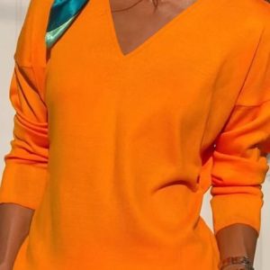 JFN V Neck Plain Autumn Casual Daily Loose T-shirt, T-Shirts, color:Orange|size:5XL, JustFashionNow