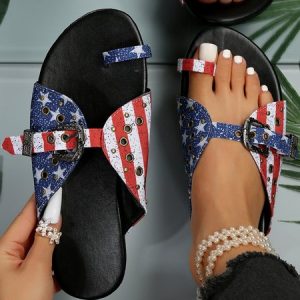 Independence Day America Flag Hollow out Toe Ring Slide Sandals, Sandals, color:As Picture|size:43, Noracora