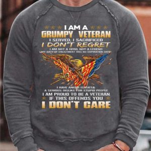 Men's A Grumpy Veteran I Don’t Regret Don’t Care Crew Neck Loose Sweatshirt, color:Gray|size:3XL, Lilicloth.com